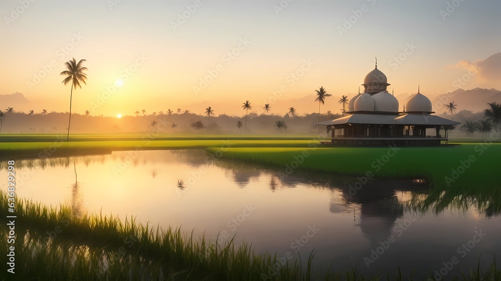 beautiful mosque at tropical panorama with rice field and lake, generative Ai