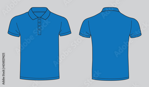 Blank blue collar t-shirt template. Front and back view