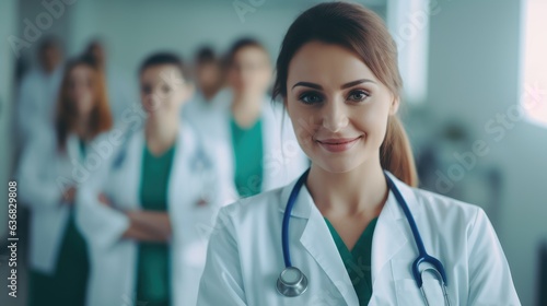 caucasian doctor woman with blured team nurses and assistants, health and professional care, Generative AI