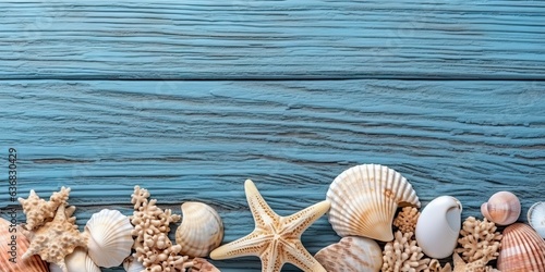 Seaside treasures. Summer collection of nature shells and starfish on wooden table. Tropical escape. Ocean inspired vacation vibes