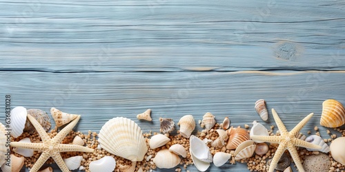 Seaside treasures. Summer collection of nature shells and starfish on wooden table. Tropical escape. Ocean inspired vacation vibes