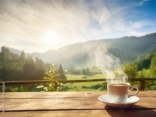 white cup of coffee and smoke on a wooden table with view of farmland and mountain and blue sky. copy space for text