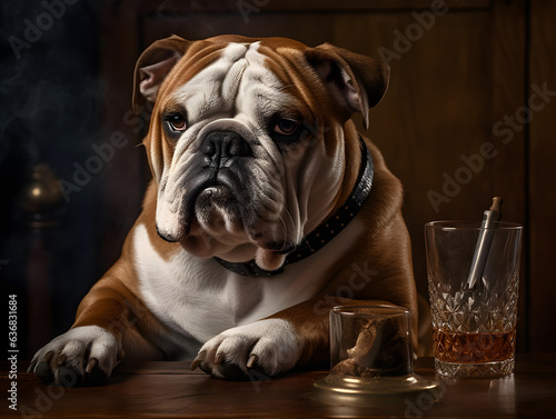 brown english bulldog sit on wooden table with a glass of alcohol in a house, generative ai