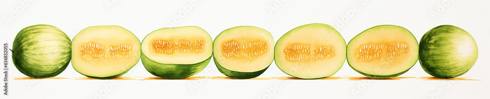 A Minimal Watercolor Banner of a Row of Cantaloupes on a White Background A Minimal Watercolor Banner of a Row of Cantaloupes on a White Background