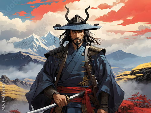 samurai classic Japanese warrior knight standing in front of mountain valley hill landscape in vintage colorful paintings