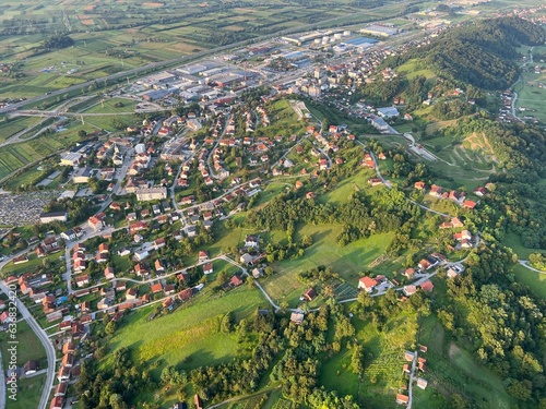 View of forests, fields, villages and Zagorje hills, during a panoramic balloon flight over Croatian Zagorje - Croatia (Panoramski let balonom iznad Hrvatskog zagorja - Hrvatska) photo