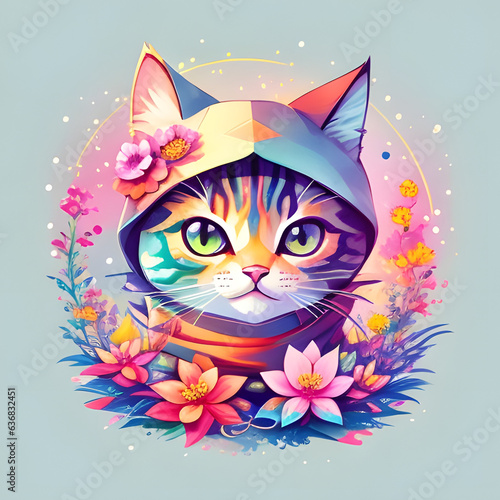 cute baby cat kitten as ninja in adorable pose with light background and colorful floral foreground