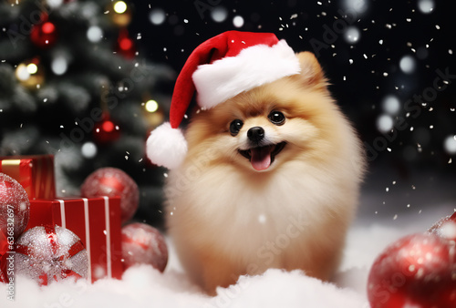Pomeranian puppy dons a festive Christmas hat, posing beside a beautifully decorated Christmas tree. © jeff