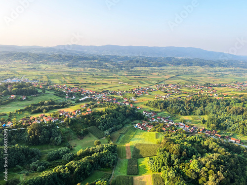 View of forests  fields  villages and Zagorje hills  during a panoramic balloon flight over Croatian Zagorje - Croatia  Panoramski let balonom iznad Hrvatskog zagorja - Hrvatska 