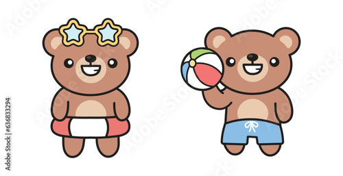 Cute Kawaii Bear Summer with Volley Beach Ball and Lifebuoy
