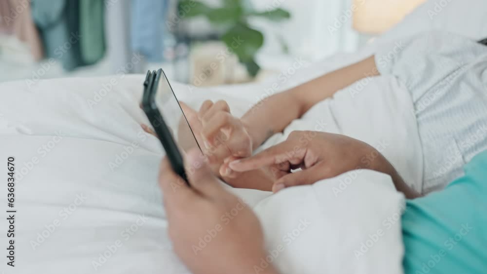 Couple, hands and relax with tablet in bed for online shopping, streaming multimedia and search internet. Closeup, people and scroll on digital technology, social media app or subscription in bedroom Couple, hands and relax with tablet in bed for online shopping, streaming multimedia and search internet. Closeup, people and scroll on digital technology, social media app or subscription in bedroom