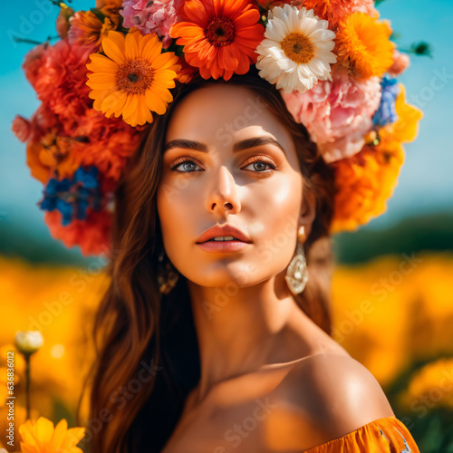 Portrait of a beautiful girl in a wreath of flowers on her head.