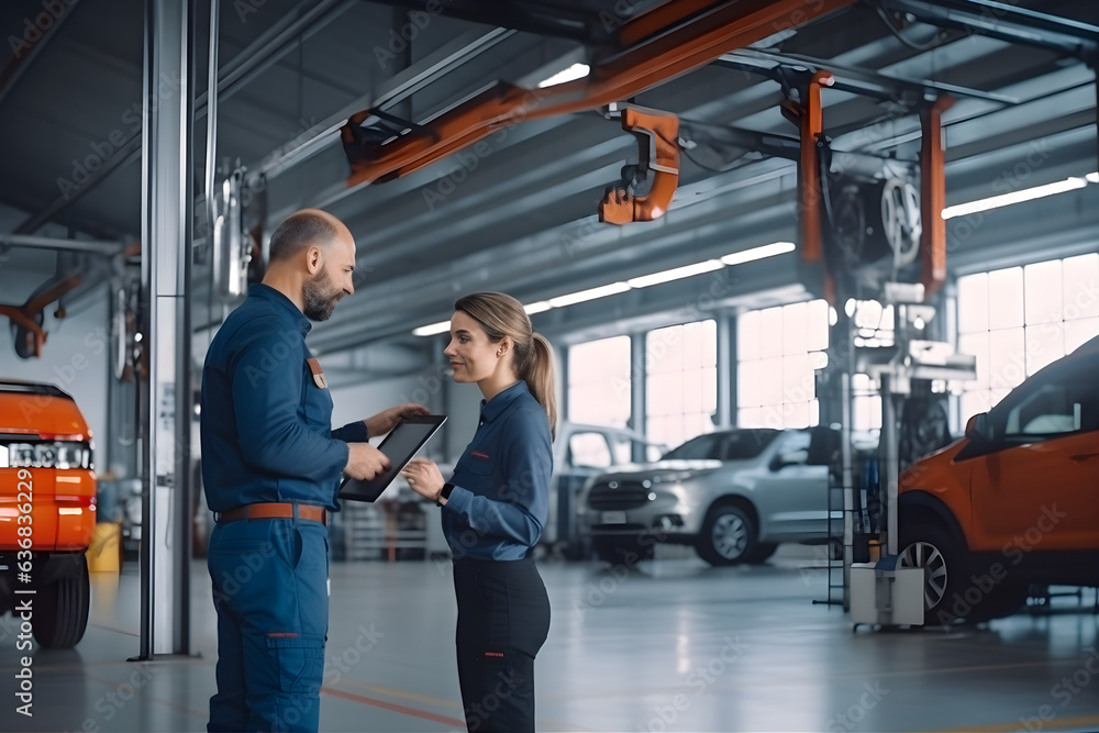 Fototapeta premium Female Mechanic Checks Diagnostics Results on a Tablet Computer and Explains a Vehicle Breakdown to a Manager. Car Service Employees Talk while Walking in a Garage. Modern Clean Workshop