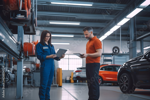 Female Mechanic Checks Diagnostics Results on a Tablet Computer and Explains a Vehicle Breakdown to a Manager. Car Service Employees Talk while Walking in a Garage. Modern Clean Workshop