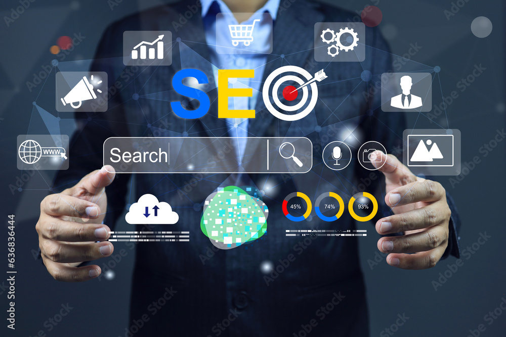 SEO search engine optimization concept, businessman working on data analytic or customer journey on internet or e commerce online marketing platform to business strategy digital market planing SEO search engine optimization concept, businessman working on data analytic or customer journey on internet or e commerce online marketing platform to business strategy digital market planing