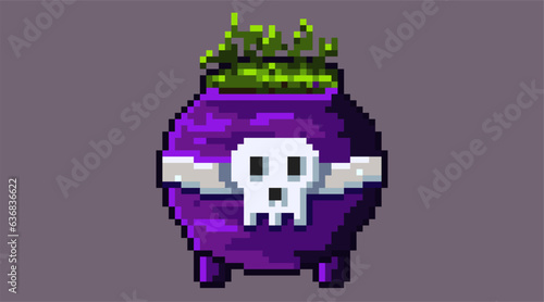 Pixelated art of couldron with skull logo in front and contains poison, simple pixel art couldron for halloween theme. 8bits character icon, perfect for pixel game design asset or design asset.