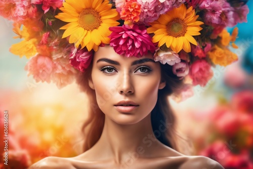 Portrait of a beautiful girl in a wreath of flowers on her head. © Hung