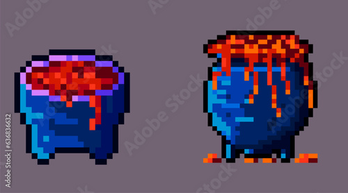 Pixelated art of set couldron with lava, simple pixel art couldron for halloween theme. 8bits character icon, perfect for pixel game design asset or design asset.