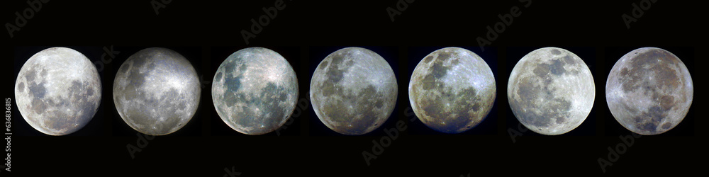 Fototapeta premium Series of 7 Full Moons on 2023. From left to right : Full moon of January, February, March, April, May, June and July 2023. Captured with camera at Banjarbaru, Indonesia and processed for cropping