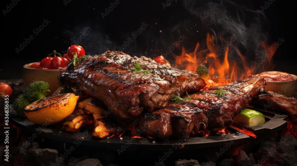 Realistic grilled barbeque with melted barbeque sauce and cut vegetables, blur background Realistic grilled barbeque with melted barbeque sauce and cut vegetables, blur background