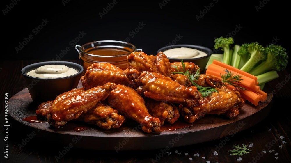 Realistic Buffalo wings with melted hot sauce on a wooden table with a blurred background