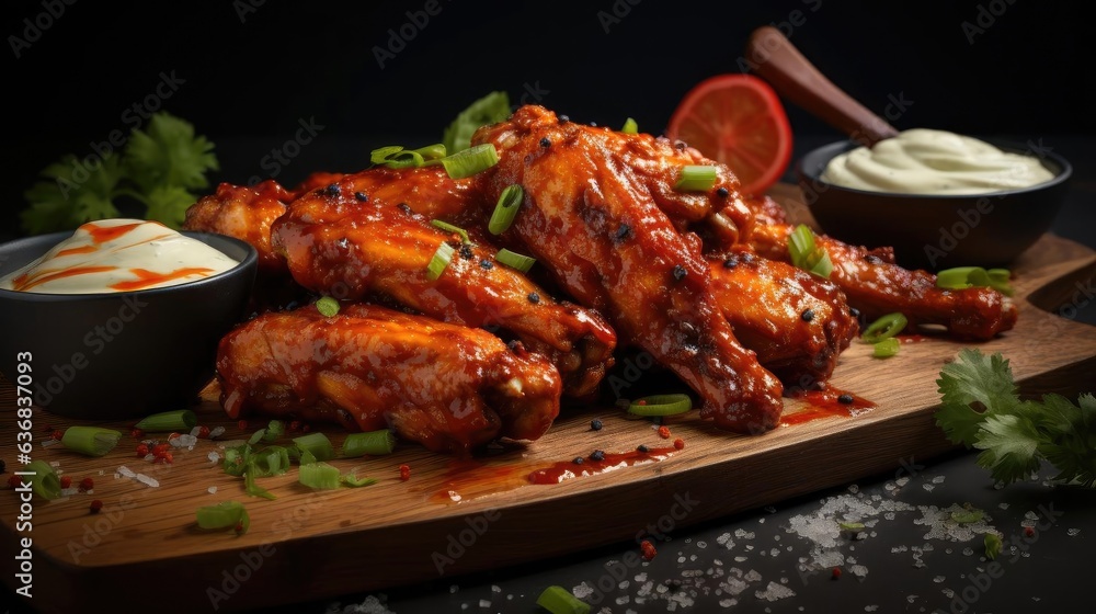 Realistic Buffalo wings with melted hot sauce on a wooden table with a blurred background