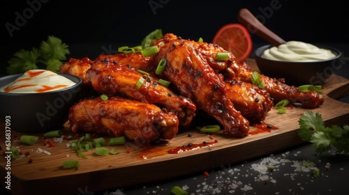 Realistic Buffalo wings with melted hot sauce on a wooden table with a blurred background
