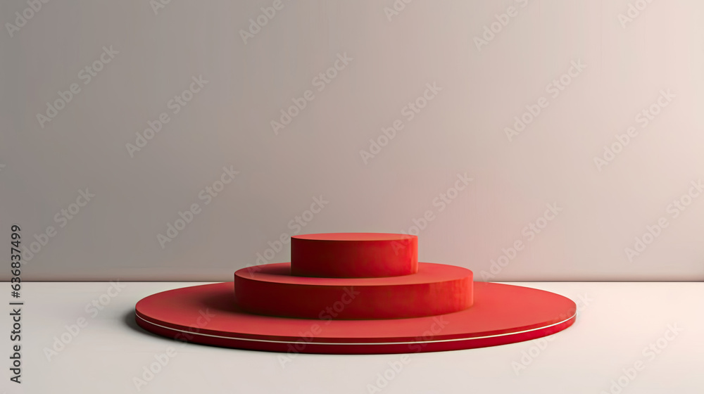 Fototapeta premium Luxury Round podiums with red carpet. Pedestals with spotlights. Generative Ai