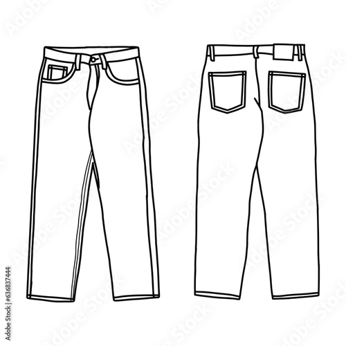 Technical drawings of mens jeans in front and back views, Isolated on white. Casual style. Template vector illustration for your fashion design, editable color.