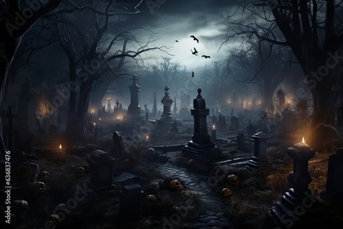 Halloween graveyard with nightmare background, scary ghost at tomb, full moon in the background. Created using generative AI