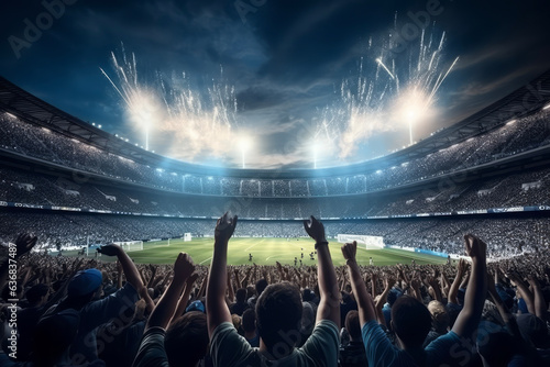 Fans enthusiastically cheering at a soccer stadium. Sport concept for spectator and passion. © cwa