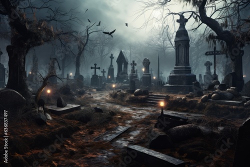Halloween graveyard with nightmare background, scary ghost at tomb, full moon in the background. Created using generative AI