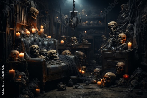 Old abandoned dark horror room interior full of skulls and candlelight. Halloween concept. Created using generative AI