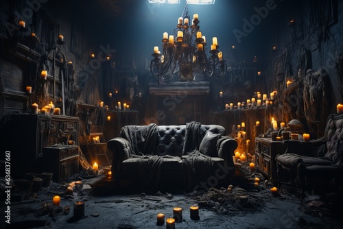 Old abandoned messy scarry room interior with vintage couch and candlelights. Halloween concept. Created using generative AI