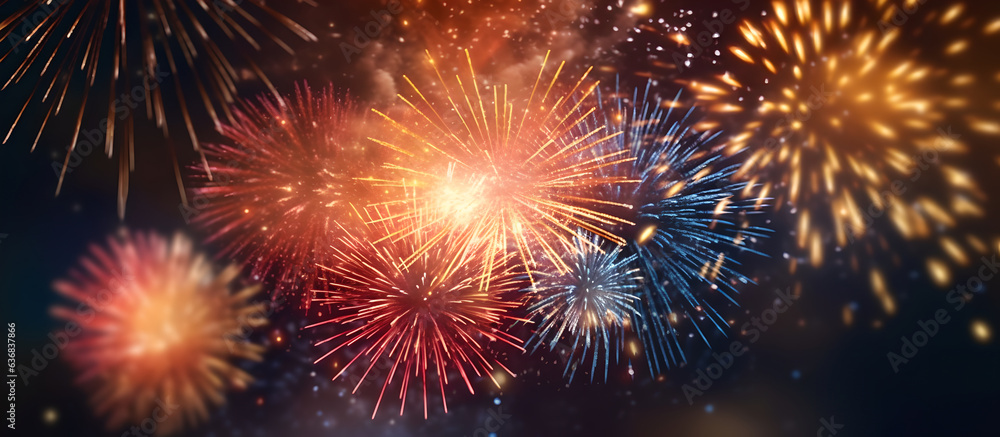 Naklejka premium Abstract colorful fireworks on dark blue background, for New Year or other celebration events