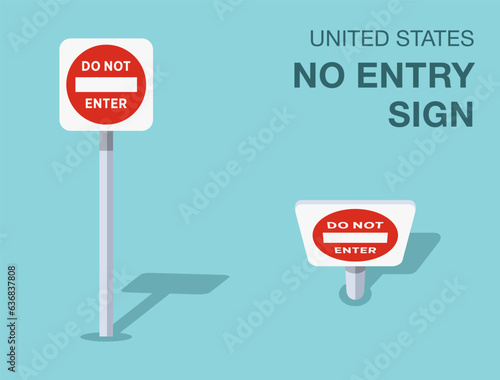 Traffic regulation rules. Isolated United States no entry sign. Front and top view. Flat vector illustration template. 