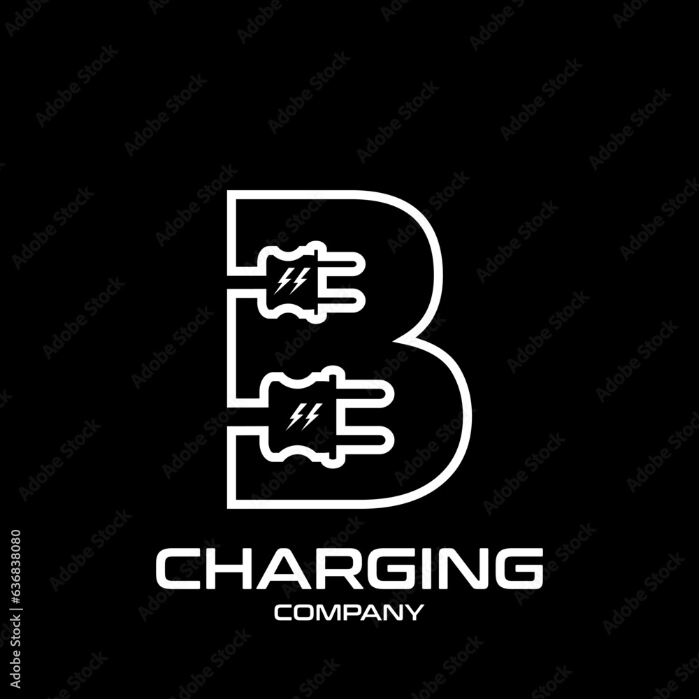 Letter B Electric Plug vector logo template. Technology background. This alphabet is suitable for energy, power, cable, wire, electrical, device, connect.