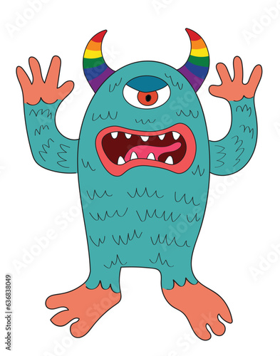 Scary Halloween one-eyed monster with gay rainbow horns. Cute funny cartoon character.