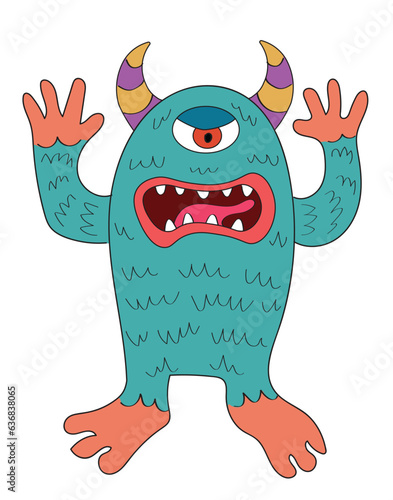 Scary Halloween one-eyed monster with horns and sharp teeth. Cute spooky animal character cartoon drawing.
