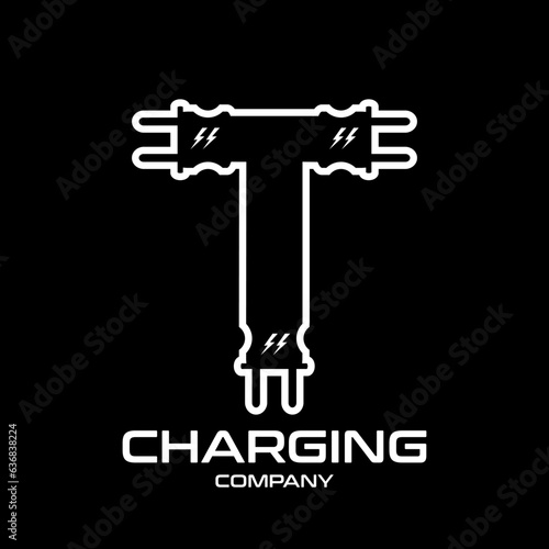 Letter T Electric Plug vector logo template. Technology background. This alphabet is suitable for energy  power  cable  wire  electrical  device  connect.