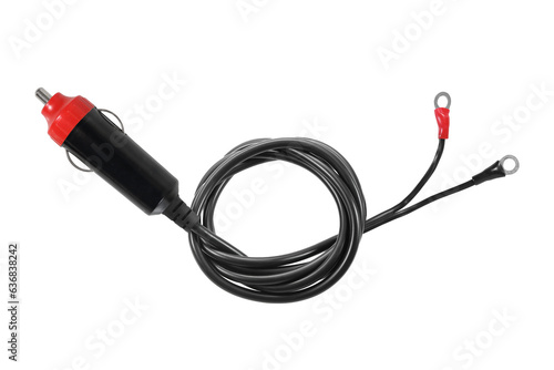 DC power car plug with wiring ring connector isolated on white background.