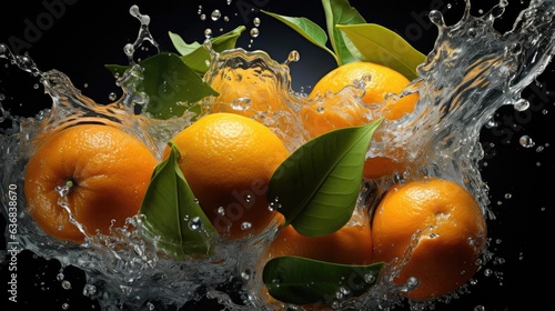 Realistic flying mandarin oranges hit by splashes of water on black background and blur