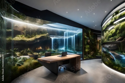 An office space from the future, featuring an innovative 3D-rendered wall design that seamlessly integrates natural elements like flowing waterfalls and lush gardens