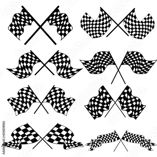 Vector black and white checkered auto racing flags and finishing tape vector set