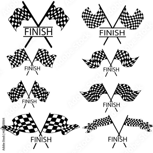 Vector black and white checkered auto racing flags and finishing tape vector set