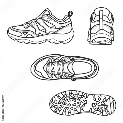 Technical drawings of hiking, boots, sneakers shoes in top, side,back and bottom views, Isolated on white background. Template vector illustration for your shoes design, editable color.