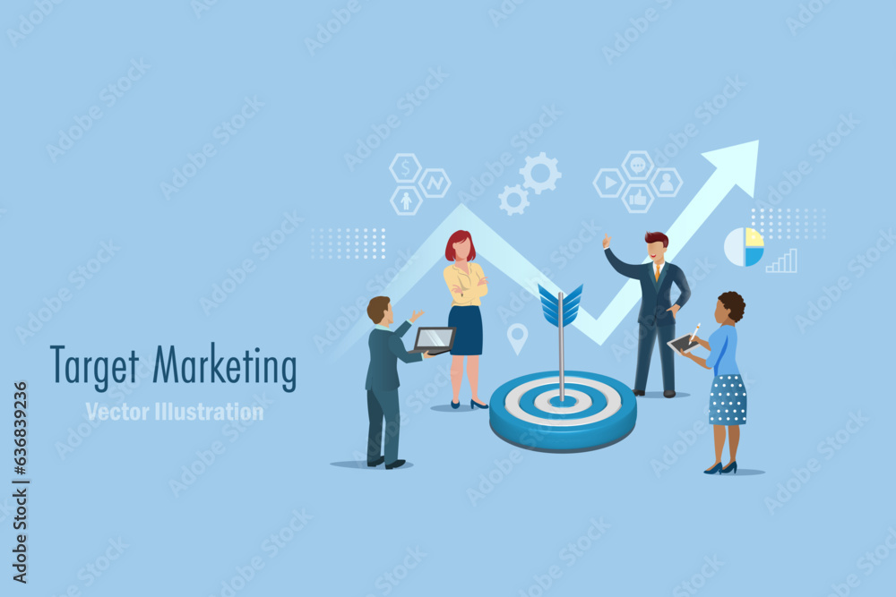 Success target marketing with business growth graph. Dart hit on bullseye with businessman team. Marketing and data analysis. 3D vector. Success target marketing with business growth graph. Dart hit on bullseye with businessman team. Marketing and data analysis. 3D vector.