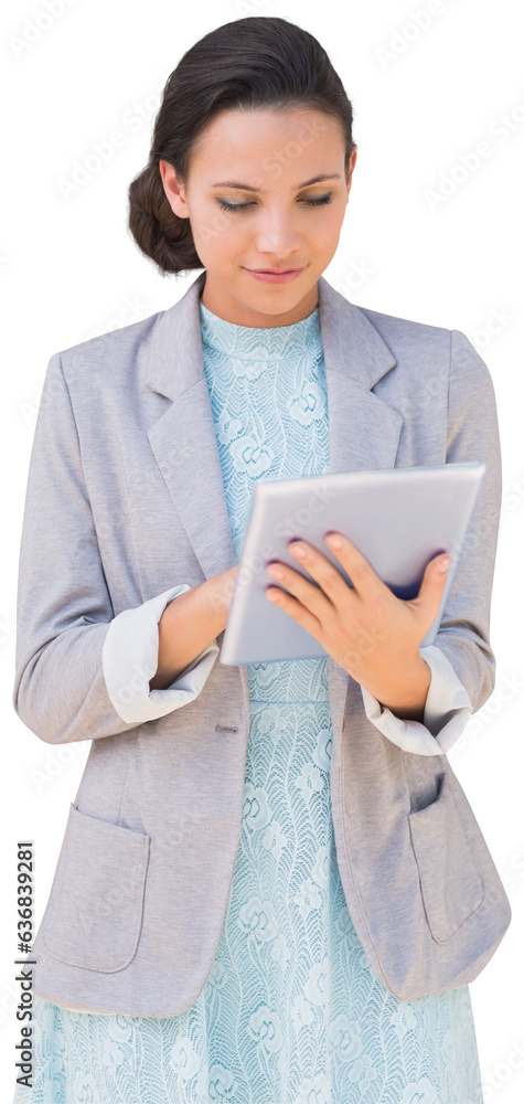 Digital png photo of happy caucasian casual businesswoman using tablet on transparent background Digital png photo of happy caucasian casual businesswoman using tablet on transparent background