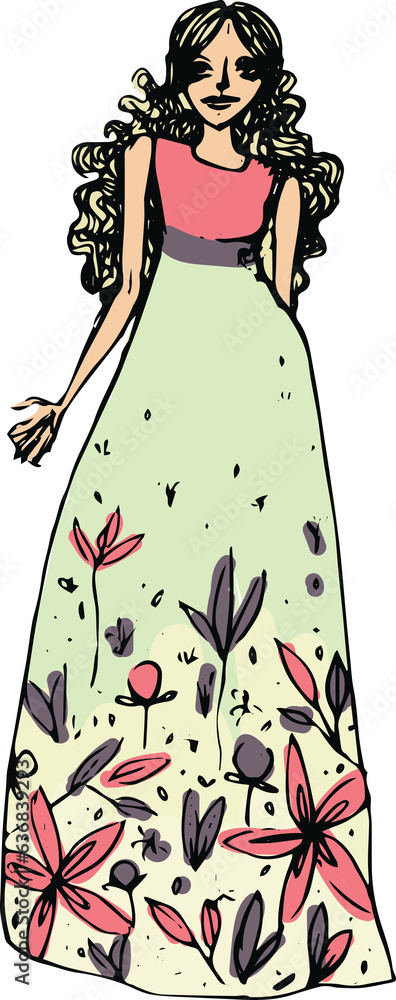 Fototapeta premium Digital png illustration of blonde caucasian woman in long floral dress on transparent background