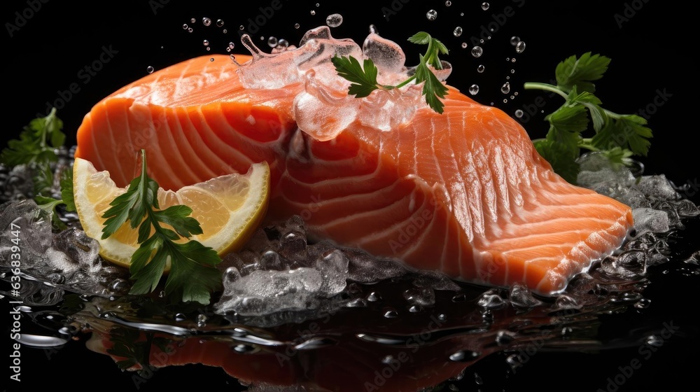 Realistic Fresh salmon with lemon slices on wooden table, black and blur background Realistic Fresh salmon with lemon slices on wooden table, black and blur background